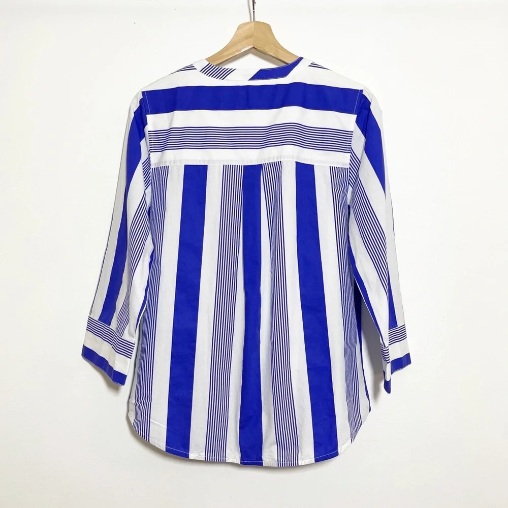NWT J Crew Striped Tunic Top 3/4 Wide Sleeves Half Button Blue White Sz XS